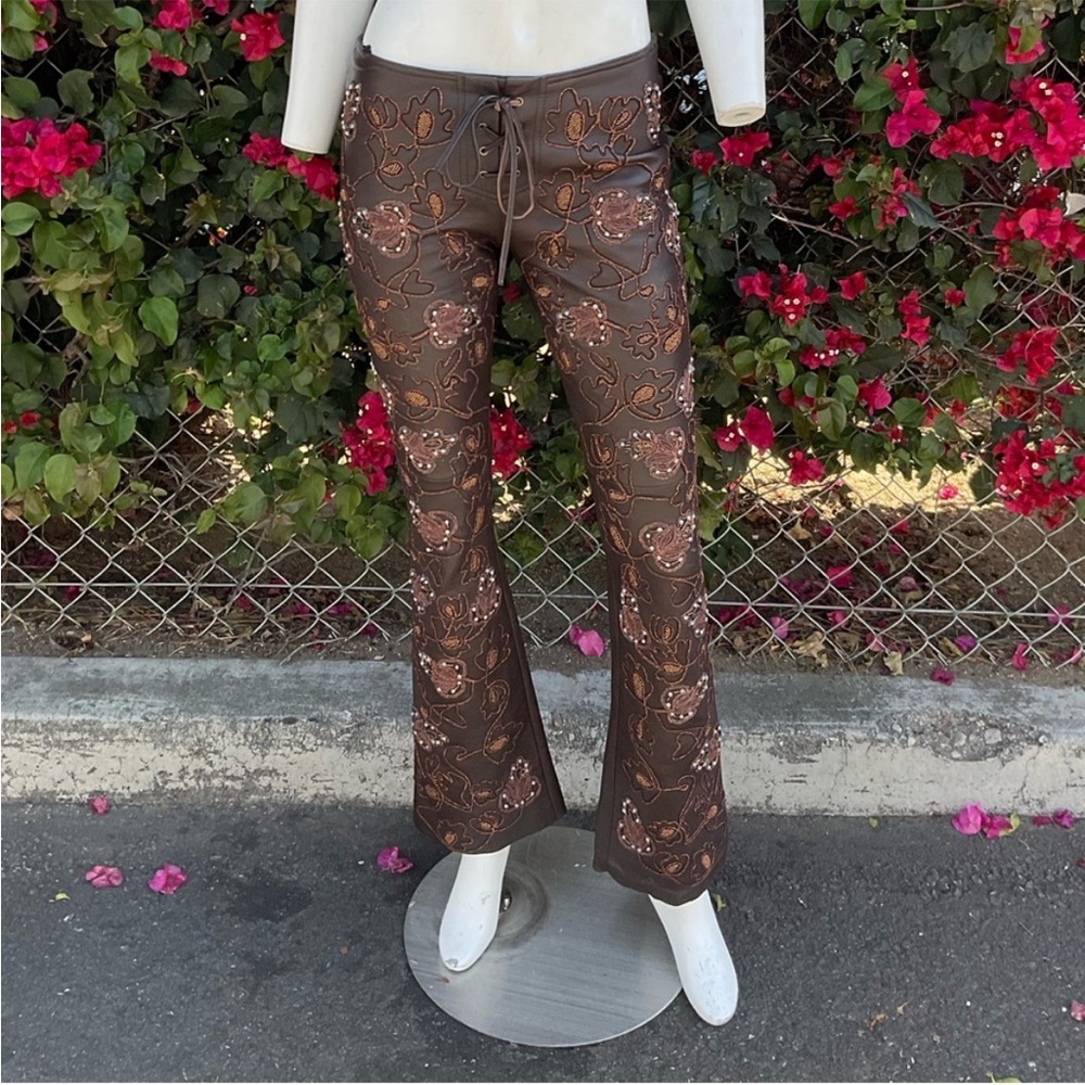 BEBE brown leather embroidered pants size 4